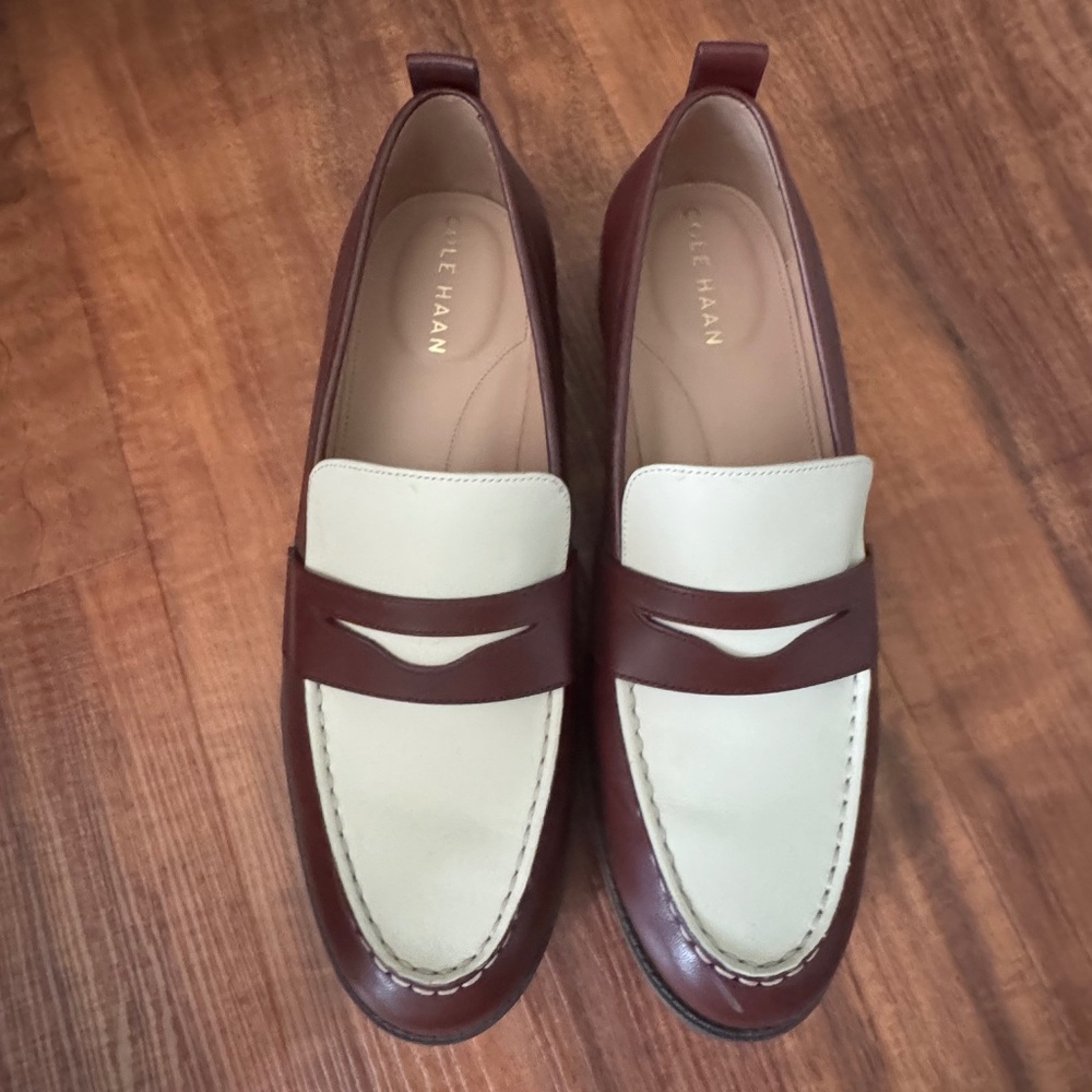 Cole Haan Stassi two-tone Penny Loafers - 9B - Bloodstone + Ivory